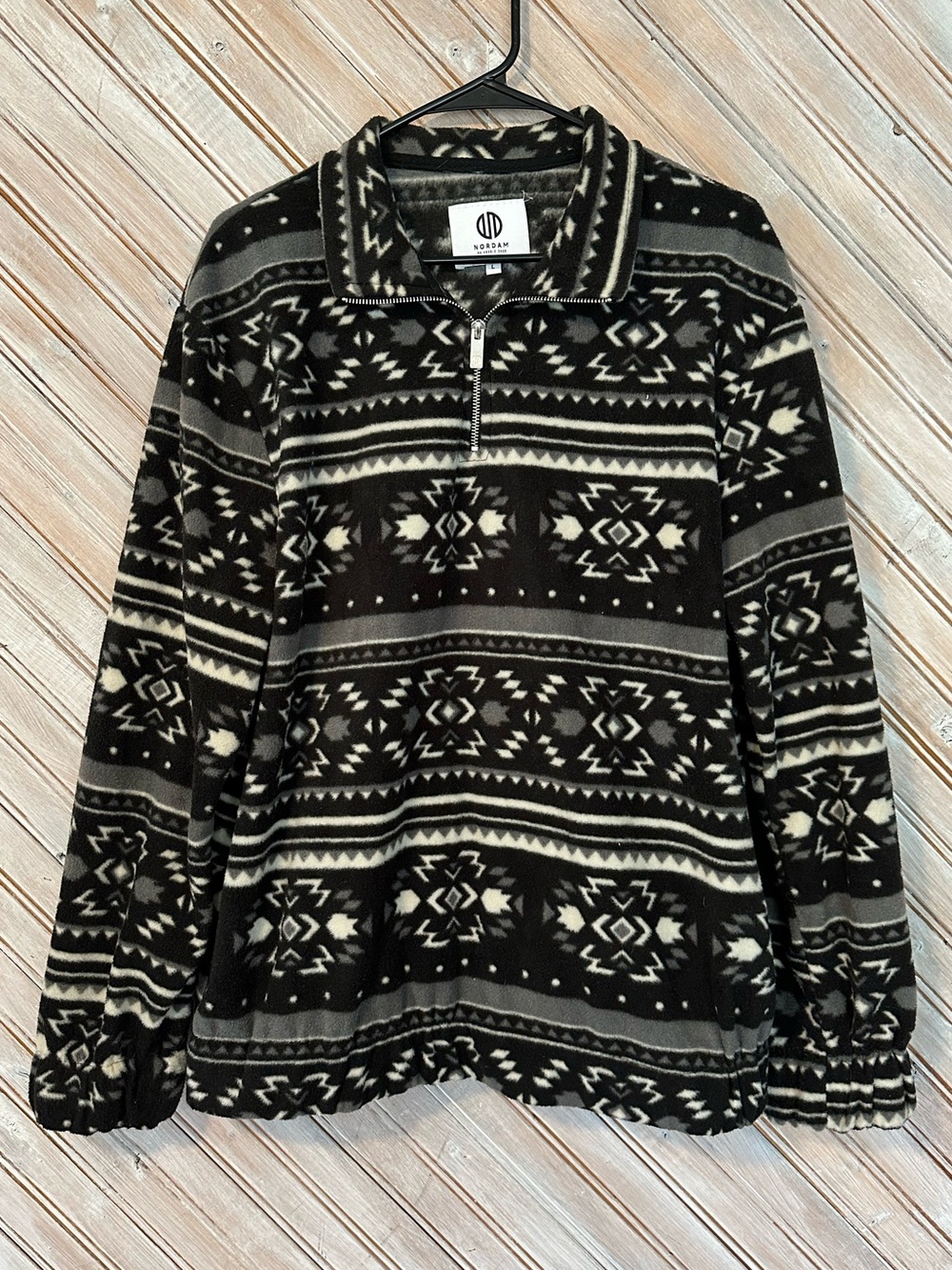Black & Cream Aztec Print Fleece Quarter-Zip Sweater Pullover With Pockets